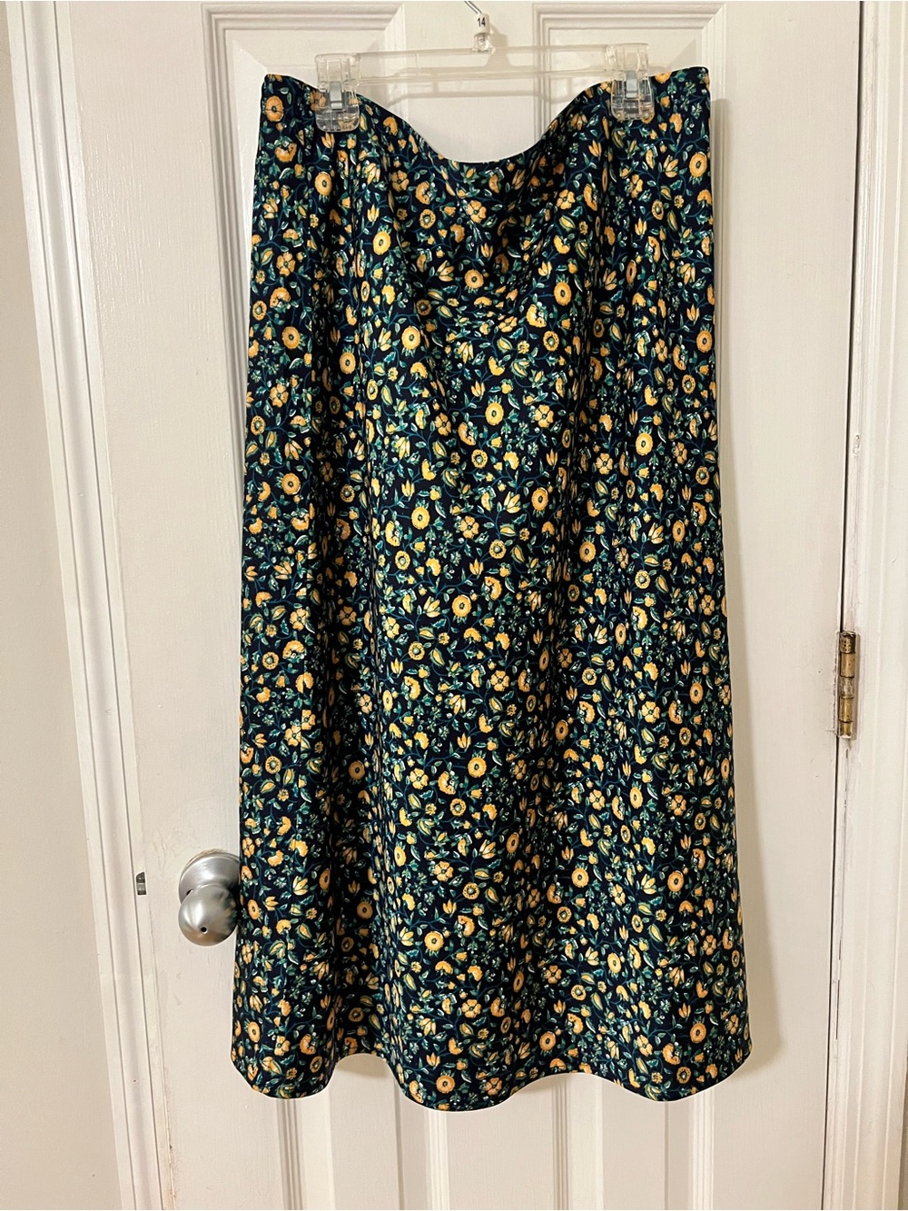 J. Crew Navy Floral A-Line Midi Skirt with Yellow Accents
